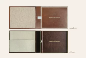 Realistic album mock-up shown side-by-side with the final photo album